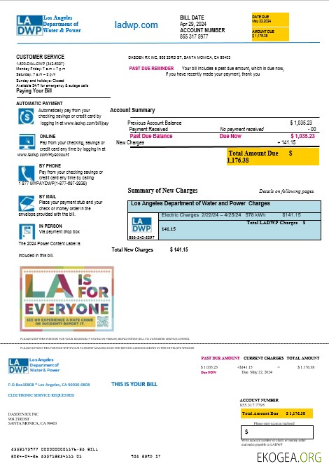 Modèle de facture de services publics USA LA DWP aux formats Word et PDF